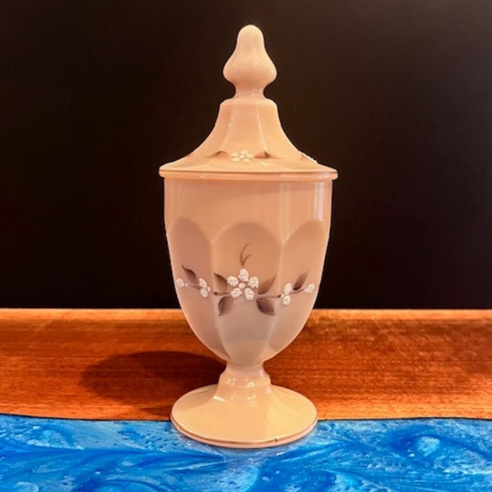 Westmoreland Almond Milk Glass Beaded Bouquet Pedestal Candy Dish Jar Signed